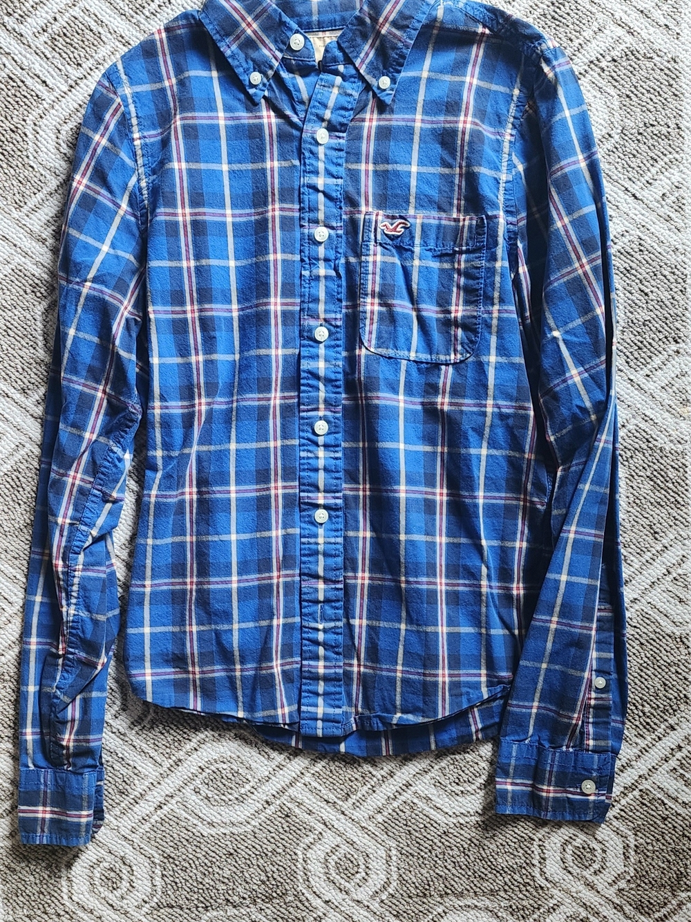 Hollister Men's Blue Plaid Button-Down Shirt with Red Accent